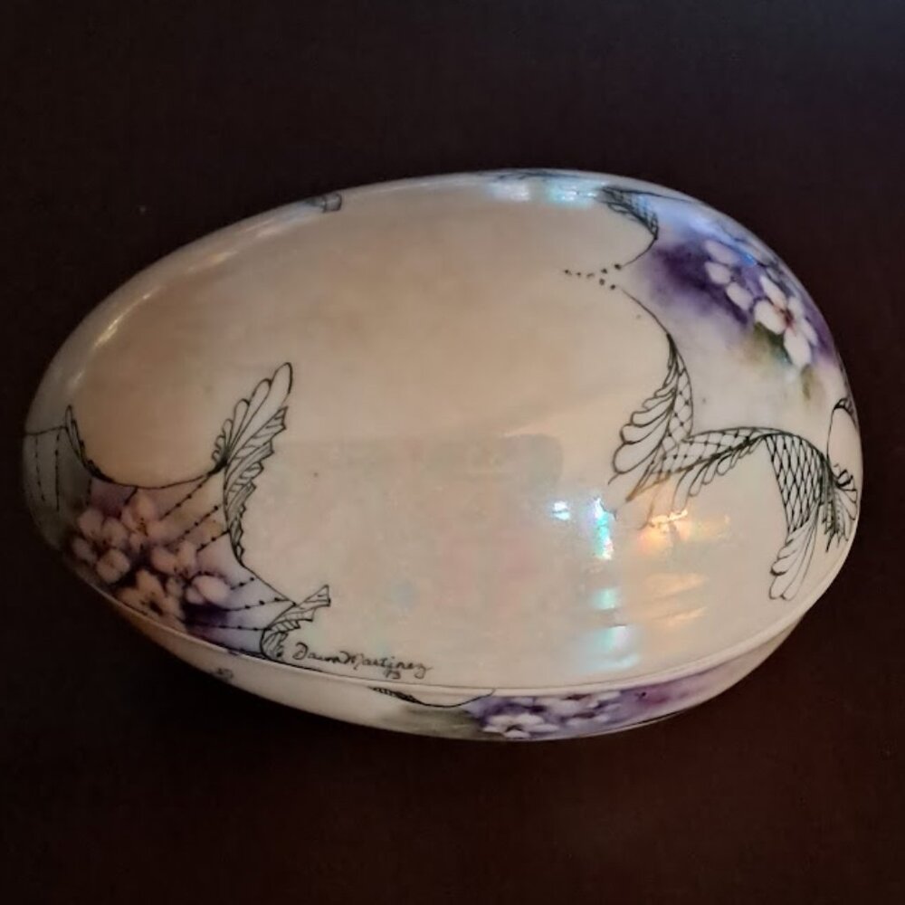 Elegant Hand-Painted Ceramic/Porcelain Egg Trinket Box-Unique Floral Design